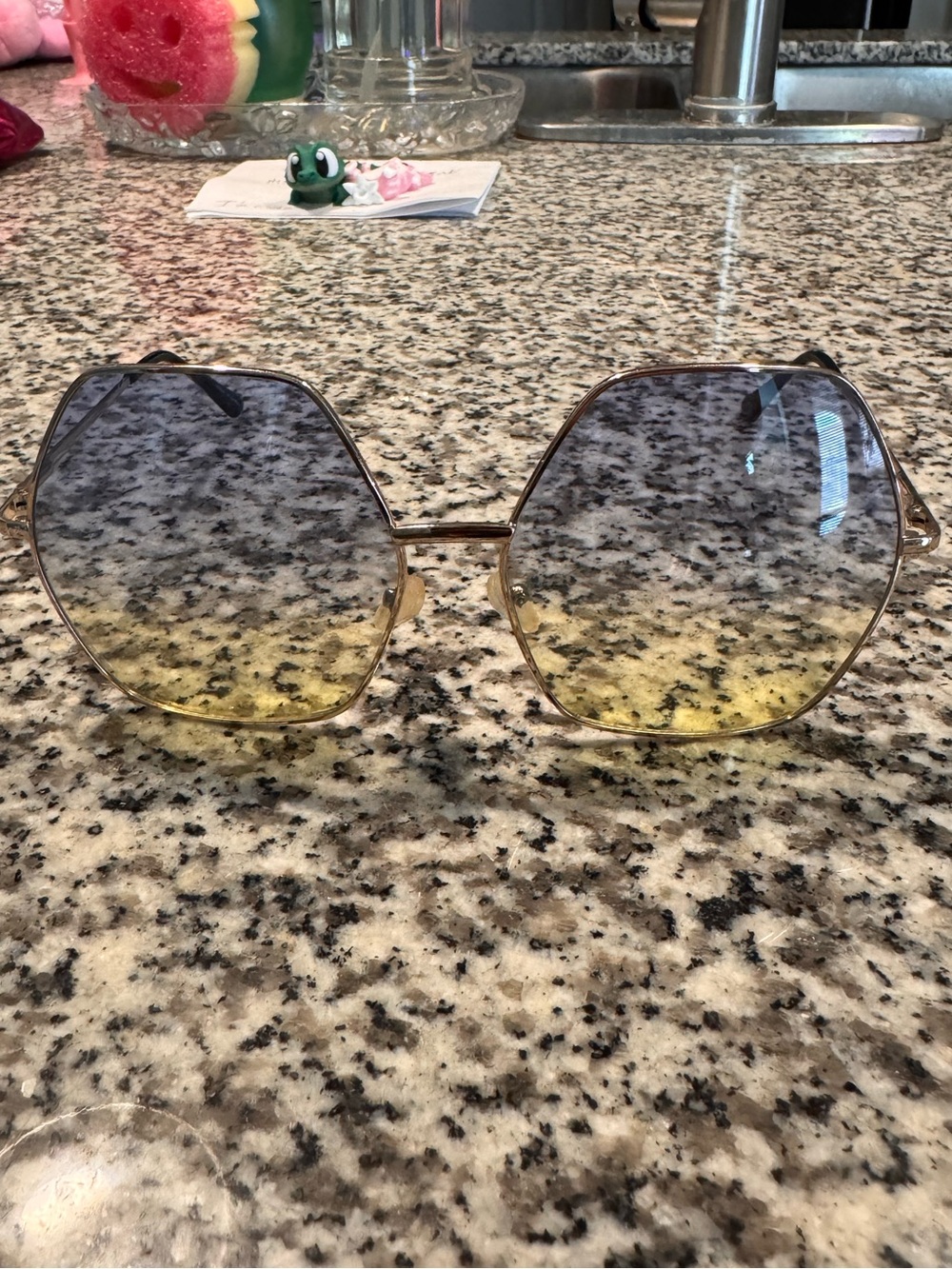 Women’s Gold Frame Gradient Yellow-Blue Hexagon Sunglasses